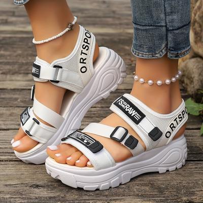 TEMU Women's Platform Sandals With Adjustable Hook-and-loop Straps - Thick Cushioned Sole, Open-toe Summer Sandals In White Synthetic Cover For Casual Beachwear & Outdoor Image