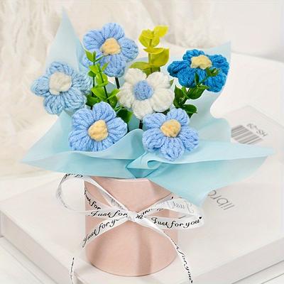 TEMU Handcrafted Crochet Daisy Bouquet With Pot - Home , Includes Vase - Ideal For Valentine's, Day, Father's Day, Christmas, Thanksgiving Image