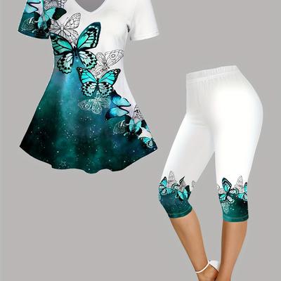 TEMU Women's Casual Print Two-piece Set - Short Sleeve T-shirt With And Purple Design, High-waisted Leggings With Orange And White Butterflies, Spring/summer, Casual Attire|vibrant Print Top|stretchy Image