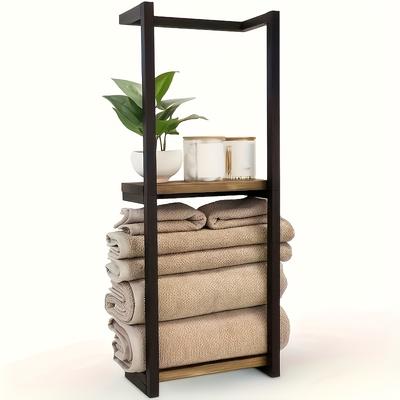 TEMU Multifunctional Wall-mounted Storage Rack, Large Capacity Towel Holder, Metal Frame Wooden Panel, Space-saving, Layered Storage Shelf, Suitable For Bathroom And Home Storage, Utility Racks Image