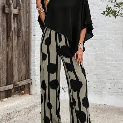 TEMU Women's Elegant Color Block Striped Circle Print Wide Leg Pants, With Pockets And Drawstring, Geometric Pattern, Spring/summer Outfits Image