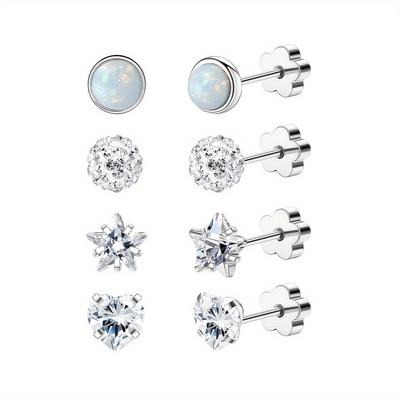 TEMU 4 Pairs Of Women's Hypoallergenic Flat Back Stud Earrings Soft Bone Hoop Earrings Suitable For Sensitive Light Beige Star Opal Sleepers Pink Silvery Ab For Men, Women, And S Image