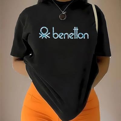TEMU 1pc Women's Plus Size Casual Short Sleeve T-shirt - Black With Light Blue Geometric Logo Print, Soft Polyester-spandex Blend, Stretch Round Neck, Machine Washable, , Relaxed Fit Tee, Comfortable Image