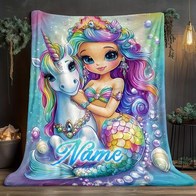 TEMU Style Custom Name Unicorn And Mermaid Flannel Throw Blanket - 100% Polyester, All , Tear Resistant, Lightweight Knit Fabric, , Theme, 200-250gsm Image