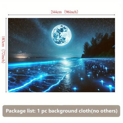 TEMU 8x6ft Blue Bioluminescent Beach Polyester Wall Tapestry – Nighttime Scene With , Ideal For Living Room, Bedroom, Office, Outdoor Decor, And Holiday Gift Image