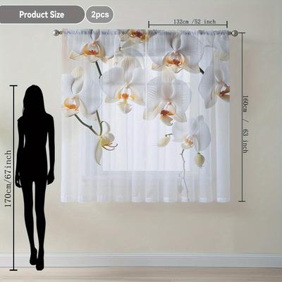TEMU 2pcs Elegant White Orchid Print Sheer Curtains - Classic For Living Room, Bedroom, Kitchen, And More - Polyester, -resistant, Machine Washable, Curtains For Living Room Image