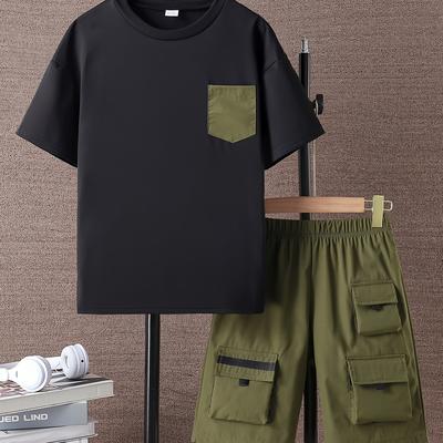 TEMU 2pcs Boys Fashion Casual T-shirt And Work Shorts Set Image