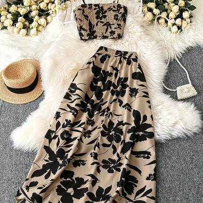 TEMU Women's Summer Elegant Vacation Print Pleated Strap Vest + Printed Casual Loose Skirt 2pcs Set Image