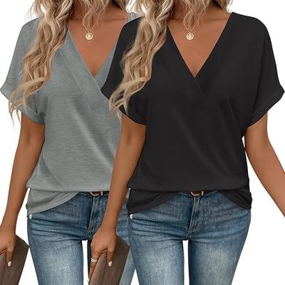 TEMU 2025 European And Casual Print-free V-neck Short Sleeve T-shirt Two-piece Set Image