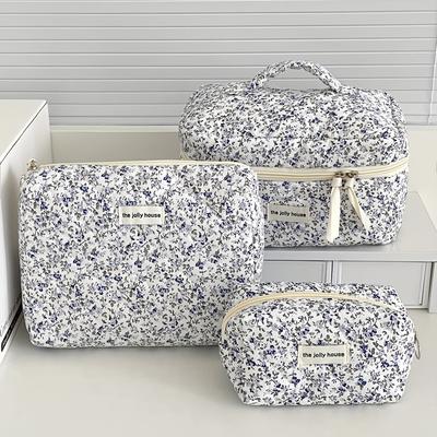 TEMU 3pcs Floral Cosmetic Bag Set, Fashion Style Polyester Travel Toiletry Pouches With Zipper Closure, Lightweight Foldable Plant Pattern Makeup Cases With Zip Pocket, Hand Washable, Polyester Lined Image