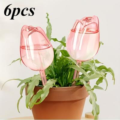 TEMU 6pcs Plastic Pink Tulip Plant Watering Balls, Narrow Outlet Design, For Drip, Suitable For Indoor And Outdoor Plants Image