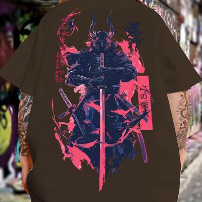 TEMU Trendy Men's T-shirt Featuring A Sword-wielding Design In Ink Wash Style. Image