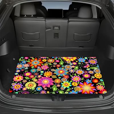 TEMU 1pc Vibrant Floral Print Car Trunk Mat - Outdoors Mat, Non-slip Polyester Liner For Clean & Stylish Interior Protection, Colorful With Green Leaves, Adds Personality To Your Vehicles Backseat Image