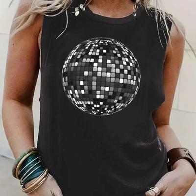 TEMU Women's Sleeveless Vest With Disco Ball Graphic - Vibrant Red Geometric Pattern, Casual Round Neck, Machine Washable Party & Casual Attire, Festive Apparel, Easycare Clothing Image