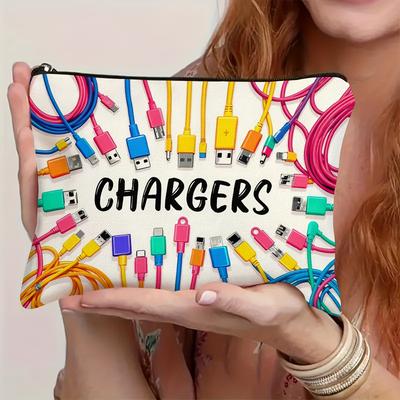 "TEMU Vibrant Colorful Cable & Usb Storage Bag – Canvas Zipper Pouch, Unisex Electronic Accessory Case With "" Print, Hypoallergenic Non-waterproof Design For Travel Or Home Use, Pouch Bag" Image