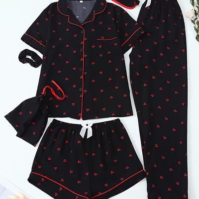 TEMU Cherry Print Youth Short-sleeve Shorts Long Pants Pajamas Six-piece Set Image