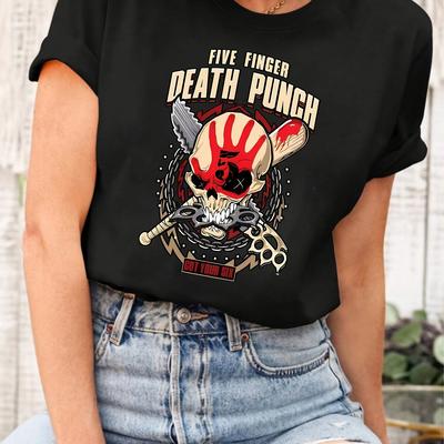 TEMU 5 Skull Graphic T-shirt, Casual Crew Neck Short Sleeve Top, Retro Summer Women's Clothing, All , Stretch Fabric, Casual Wear | Skull Print Top | Graphic Image