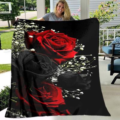 TEMU 1pc Black Rose Polyester Throw Blanket - Soft, Comfortable, Machine Washable For Sofa, Bed, Picnic, Travel, Office Nap, Throw Blanket For Couch Image