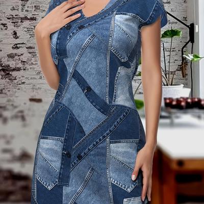 TEMU Summer Women's Fashion Elegant Non-denim Printed Sexy Short Sleeve V-neck Long Top Image