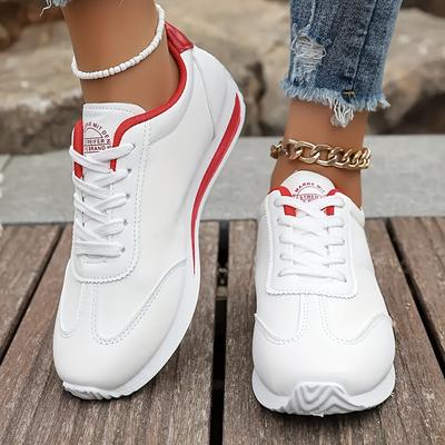 TEMU Women's Breathable Sports Casual Sneakers - Thick Sole, Lace-up, Non-slip, Low-top, White With Red Accents, Wear Image