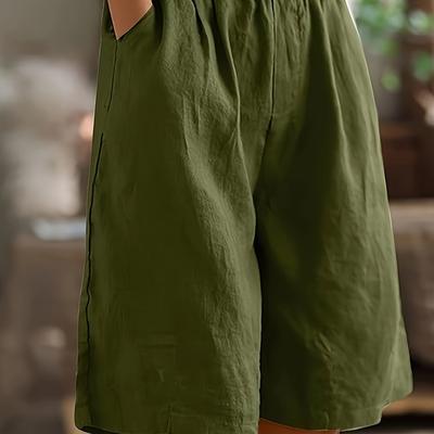 TEMU Women's Elegant Wide-leg Bermuda Shorts - Non-stretch Solid Color Fabric, Adjustable Elastic Waistband With Button Details, Lightweight Summer Casual Wear For Casual Image