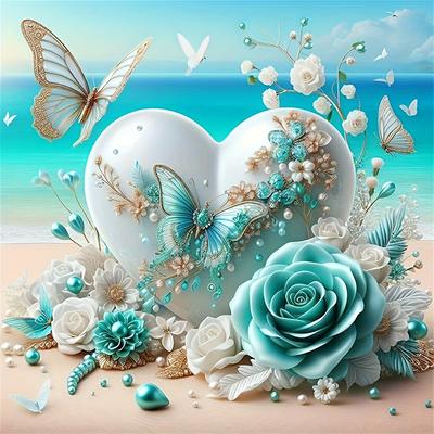 TEMU Heart-shaped Beach Scene Diamond Painting Kit - Round Acrylic Diamonds, Diy Love Themed Set With Floral And Designs For Home Wall Decor, Artistic Hobby|heartthemed Art|sparkling Texture Image