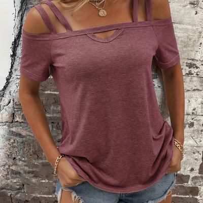 TEMU Women's Off-shoulder Short Sleeve V-neck Strap Casual Shirt T-shirt - Solid Color, Elegant Style For Spring/summer/fall Image