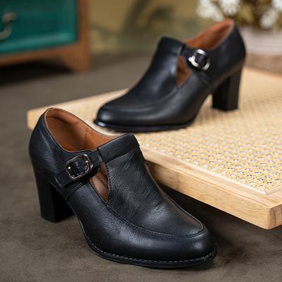 TEMU A Pair Of Stylish British-style Round-toe Solid Color Chunky High Heels, Comfortable And Elegant Women's Shoes With Decorative Buckles And A Deep Mouth Design. Image