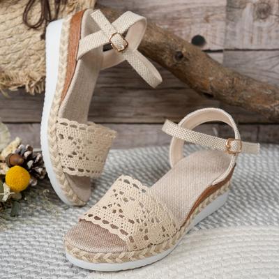 TEMU Women's Linen Wedge Sandals - Elegant Open-toe Espadrille With Ankle Strap, Breathable Cut-out Design, Beige Braided Summer -day , Strappy Sandals Image