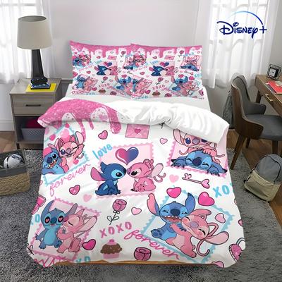 TEMU Stitch And 3pcs Bedding Set, Queen Size, 100% Polyester, Cartoon Pattern, Comforter With Zipper Closure, Machine Washable, , Anime Theme, 90gsm - Valentine's Day Gift Image