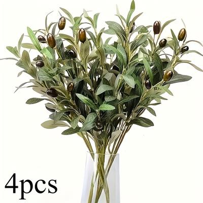 TEMU 4pcs Lifelike Artificial Olive Branches With Fruits - Realistic Greenery Stems For Home & Garden Decor, Wedding Bouquets, Birthday Parties & Creative Gifts - Durable Plastic, Easy Setup Image