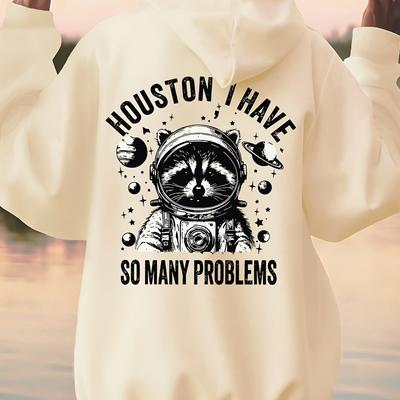 "TEMU Women's Casual " Houston I Have So Many Problems " Raccoon Astronaut Print Hoodie - Soft Polyester, Machine Washable, White With Black Graphics," Image