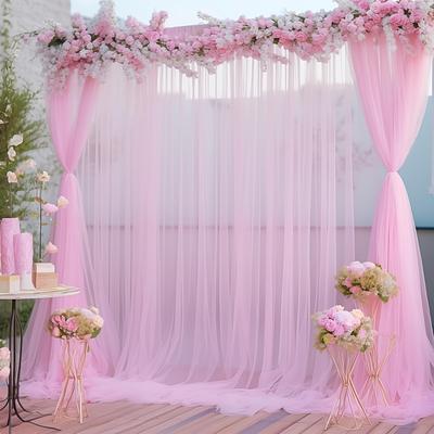 TEMU 2pcs Pink Transparent Tulle Curtains - Elegant Sheer Backdrop For Weddings, Baby Showers, Birthday Parties & Photo Shoots - Soft Polyester Fabric For Versatile Decoration Image