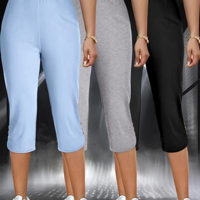 TEMU 3pcs Set - K25 Summer Women's Capris Casual Side Buttons Fashionable Women's Trousers Image