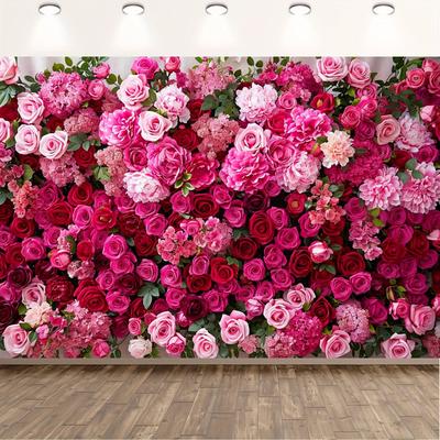TEMU Vibrant Hot Pink & Red Roses 9x6ft Flower Wall Backdrop - Showers, Weddings, Birthdays & Props, Party Banner Image