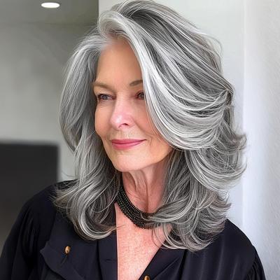 TEMU Silvery Gray Ombre Layered Wigs With Curtain Bangs For Women Synthetic Short Light Grey Wig Layered Gray Wavy Bob Wig Highlight Grey Curly Bob Hair Image