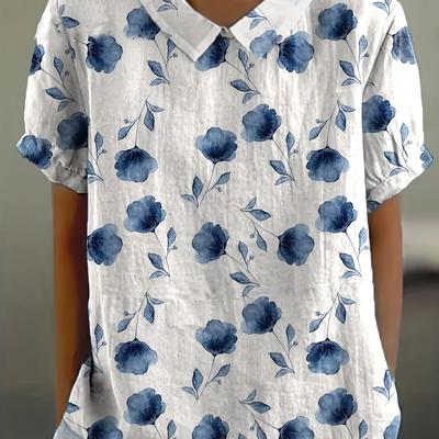 TEMU Women's Casual Short Sleeve Button-up Shirt - Blue Floral Print On White, Classic Collar, Machine Washable, Versatile Top For Casual & Formal Wear, Formal Attire | Feminine Apparel | Soft Texture Image