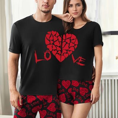 TEMU Couple Model Love Letter Print Men's Or Women's Short-sleeved Shorts Home Clothes,price For 1 Set Image