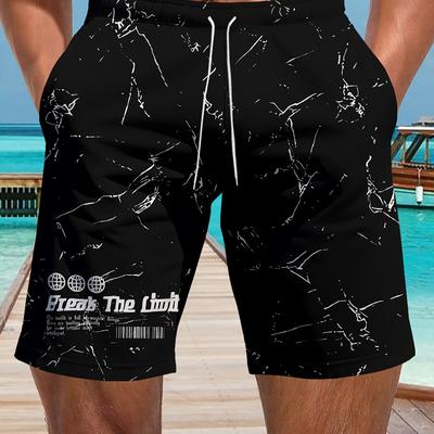 TEMU Men's Quick-dry Swim Shorts With Geometric Print - 100% Polyester Beach Shorts, Regular Fit, Machine Washable, Side Pockets & Adjustable Drawstring Waist For Pool, Summer Casual Wear Image
