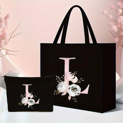 TEMU 2pcs Pink Flower Letter Pattern Tote Bag Set - Lightweight Burlap With Adorable Coin Purse - Shopping, Travel & Beach - & Versatile Image