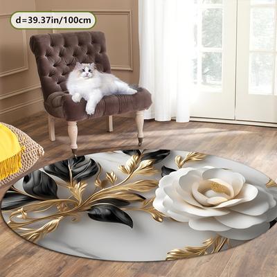 TEMU Zulida Elegant White Floral Round Mat + Golden Accents, Non-slip Backing, Machine Washable - Decor For Home, Office, Entryway, Living Room, And More, Rugs For Living Room Image