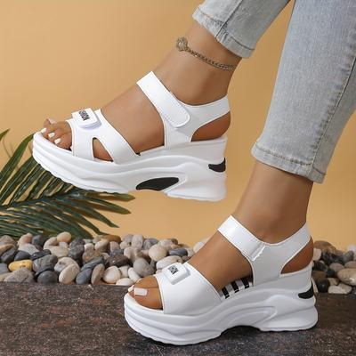 TEMU Women's Platform Wedge Sandals - Striped Synthetic Cover Open-toe With Adjustable Hook-and- Strap, Thick Cushioned Sole For Casual & Formal Wear, Ladies Sandals Image