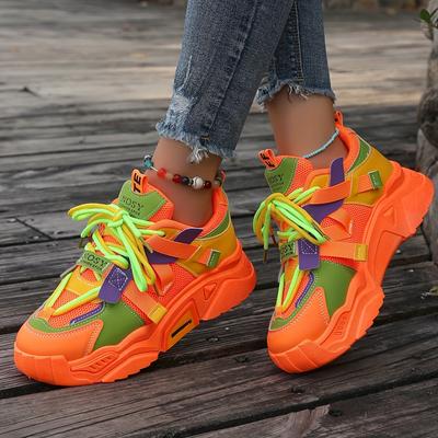 TEMU Sx Women's Vibrant Neon Colorblock Low-top Lace-up Casual Sneakers - Synthetic Cover & Pu/pvc Sole, Comfortable Shoes For Casual Attire, Sporty Dad Shoes, , Fabric Lined Interior Image