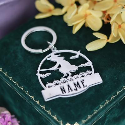 TEMU Custom Engraved Broom Pumpkin Keychain - Stainless Steel Halloween Keyring With Nameplate, Festive Design For Halloween, Thanksgiving, Christmas, Festive Keychain | Theme | Keychain Image