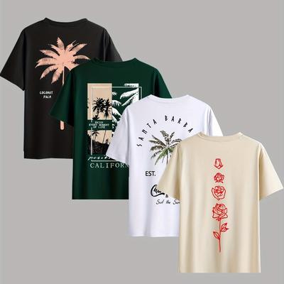 TEMU Men's Casual Summer T-shirt Set With Palm Tree Print, Crew Neck, Short Sleeve, Knit Fabric, Regular Fit - 4pcs Image