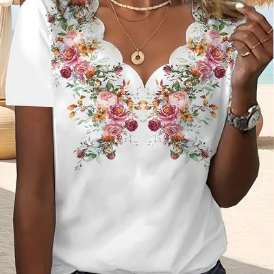 TEMU Elegant Floral Print V-neck Short Sleeve T-shirt For Women, Plus Size, Lightweight Polyester, Spring/summer Fashion, Floral Pattern With White Background, Floral Print Blous Image