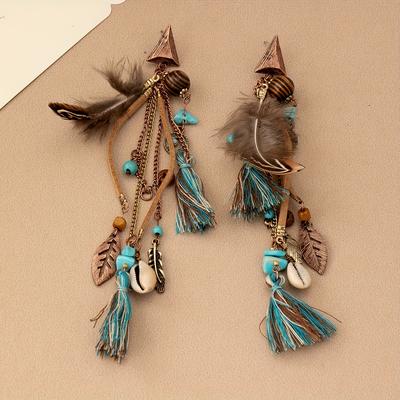 TEMU Pair Of Vintage Feather Tassel Earrings - Ethnic Style, Alloy With 925 Silvery Posts, Ideal For And Parties, Quirky Earrings Image