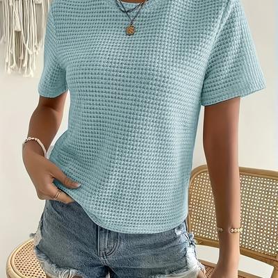 TEMU Women's Breathable T-shirt - Solid Color, Short Sleeve, Crew Neck, Casual Spring/summer Top With Button Detail, Lightweight Polyester Fabric, Casual Wear | | Glossy Textur Image