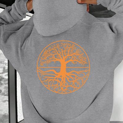 TEMU Tree Of Men's Plus Size Hoodie - Black Casual Sweatshirt With Vibrant Orange Design, Loose Fit, Long Sleeve, Polyester Knit Fabric, Casual Wear Hoodie | Vibrant Print Hoodie | Polyester Hoodie Image