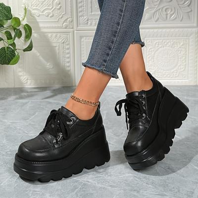 TEMU Women' Platform Wedge Heels - Fashionable Lace- Heels With Thick Rubber Sole, Comfortable Cover Casual Shoes For Casual Attire Image